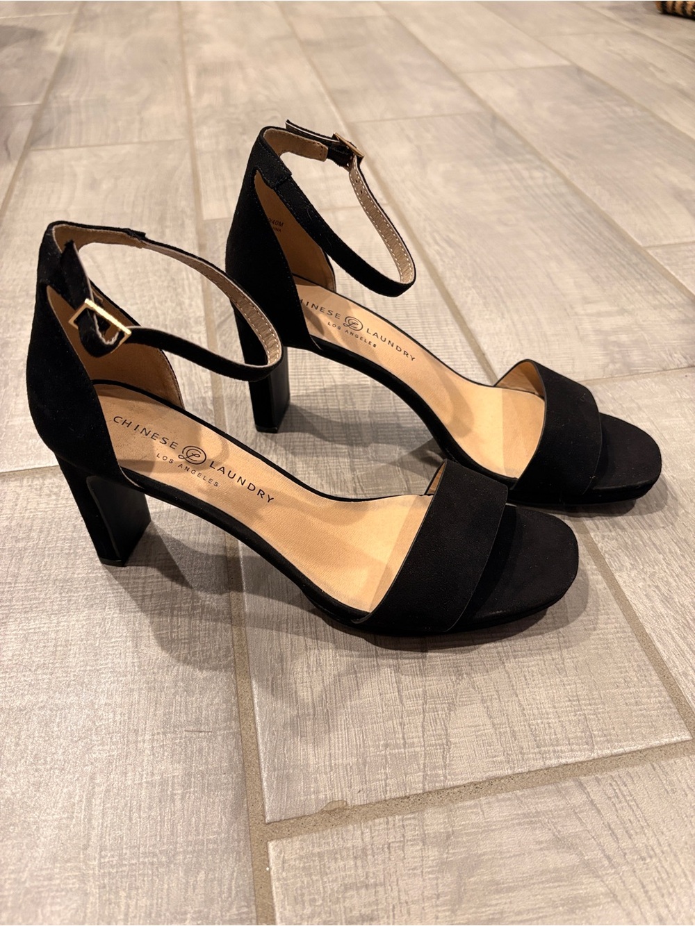 Chinese Laundry Black Suede Ankle-Strap Block Heels